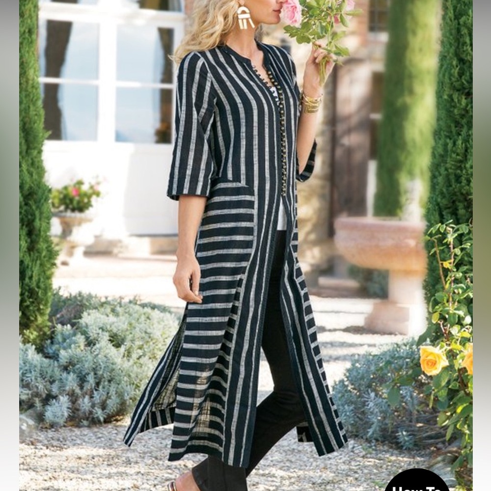 Soft Surroundings Womens L Caftan Duster Topper Black Gray Striped Cotton Boho